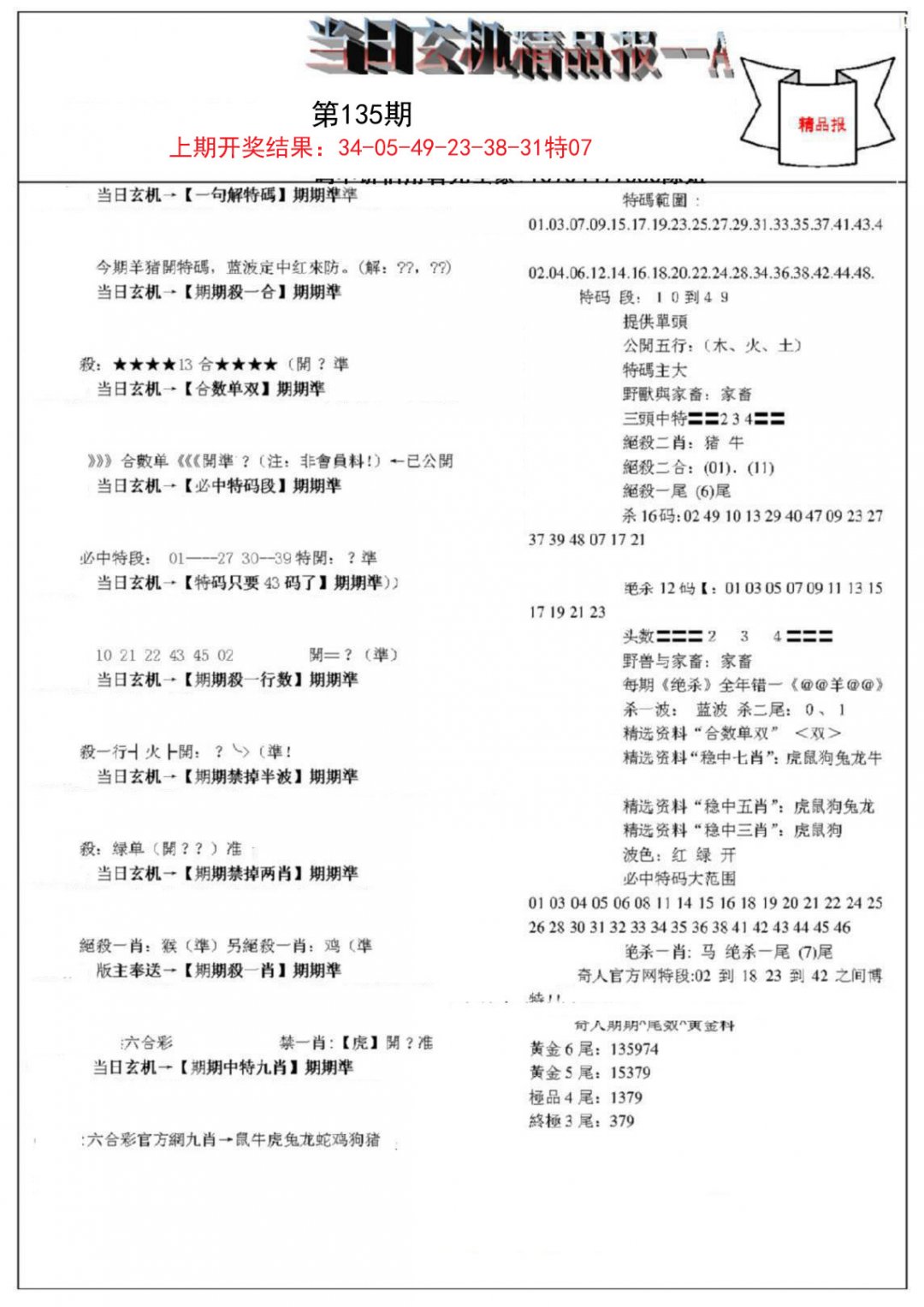 当日玄机精品报A-135