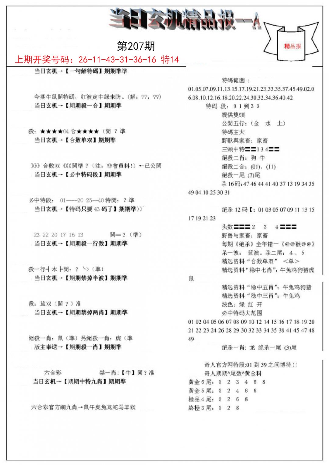 当日玄机精品报A-207