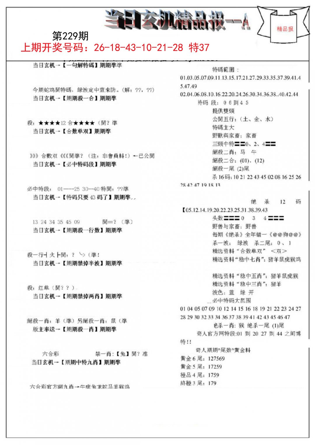 当日玄机精品报A-229