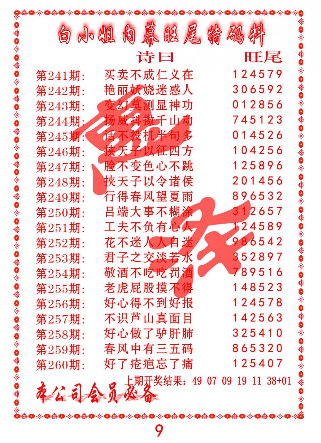 内幕旺尾特码料-244