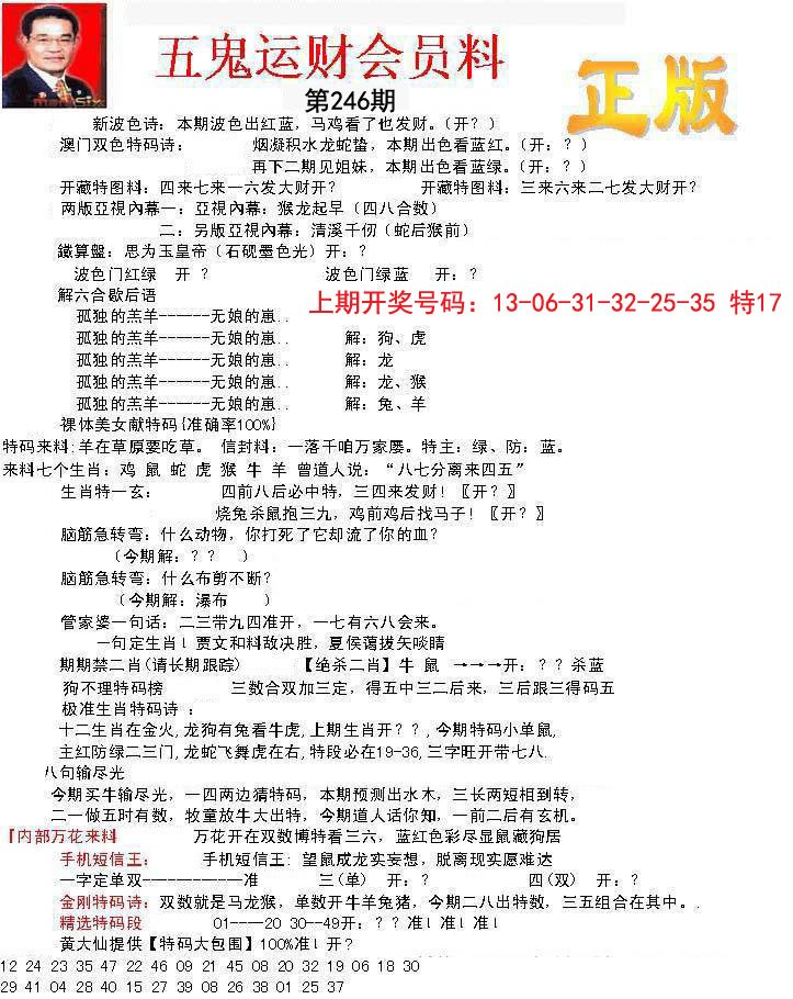 正版五鬼运财会员料-246