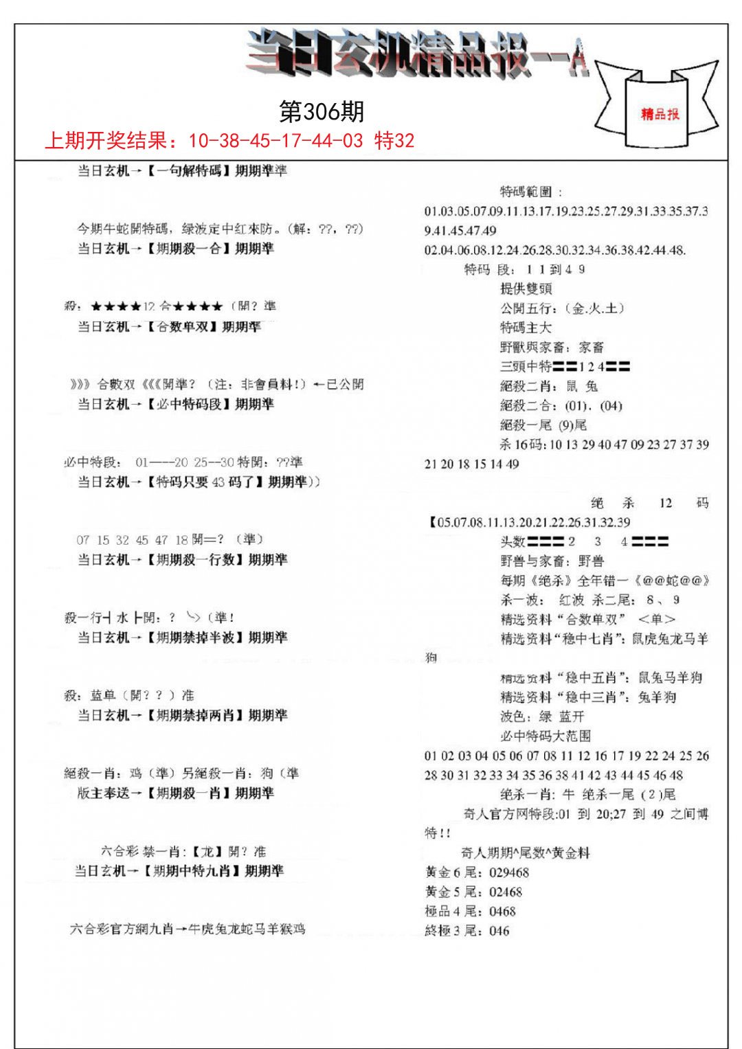 当日玄机精品报A-306